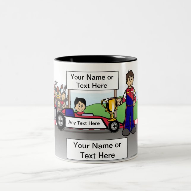 Personalized Race Car, Youth Driver - Male Cartoon Two-Tone Coffee Mug (Center)