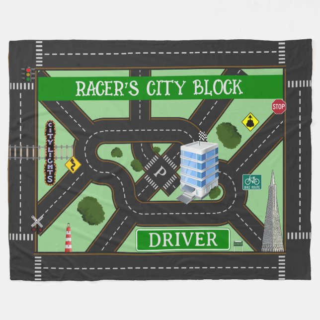 Personalized Racer's City Block Play Fleece Blanket (Front (Horizontal))