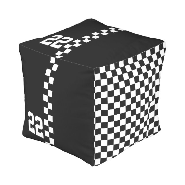 Personalized Racing Flag Black And White Outdoor Pouf (Angled Front)