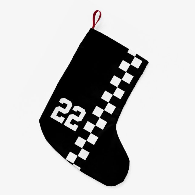 Personalized Racing Flag Black And White Small Christmas Stocking (Front (Hanging))