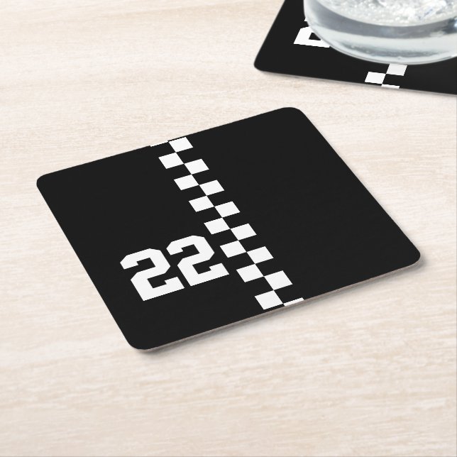 Personalized Racing Flag Black And White Square Paper Coaster (Angled)