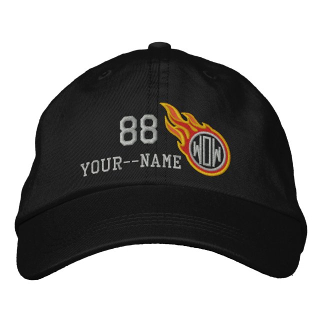 Personalized Racing Flames Bullet Number Name Plus Embroidered Baseball Cap (Front)