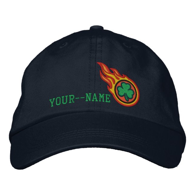 Personalized Racing Flames Irish Bullet Badge Embroidered Baseball Cap (Front)