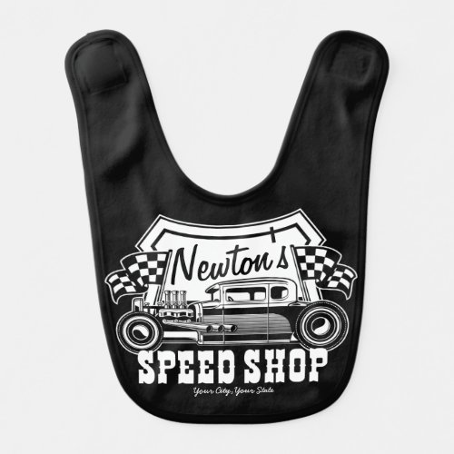 Personalized Racing Hot Rod Speed Shop Garage   Baby Bib