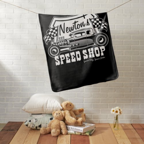 Personalized Racing Hot Rod Speed Shop Garage    Baby Blanket