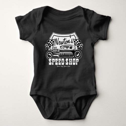 Personalized Racing Hot Rod Speed Shop Garage   Baby Bodysuit