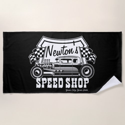 Personalized Racing Hot Rod Speed Shop Garage  Beach Towel