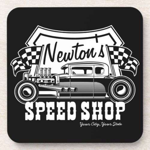 Personalized Racing Hot Rod Speed Shop Garage    Beverage Coaster