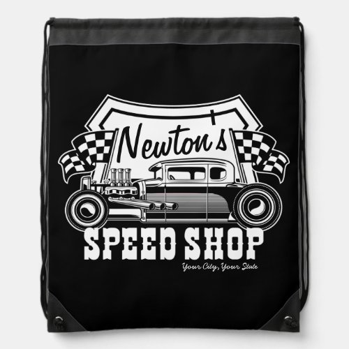 Personalized Racing Hot Rod Speed Shop Garage   Drawstring Bag
