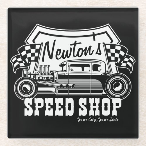 Personalized Racing Hot Rod Speed Shop Garage   Glass Coaster