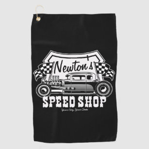 Personalized Racing Hot Rod Speed Shop Garage  Golf Towel