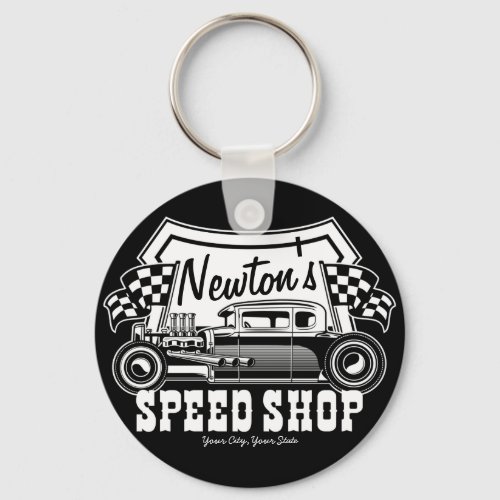 Personalized Racing Hot Rod Speed Shop Garage    Keychain