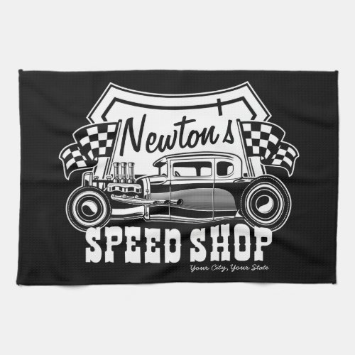 Personalized Racing Hot Rod Speed Shop Garage  Kitchen Towel