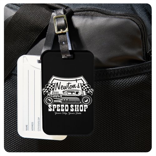 Personalized Racing Hot Rod Speed Shop Garage   Luggage Tag