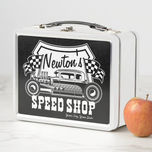 Personalized Racing Hot Rod Speed Shop Garage   Metal Lunch Box