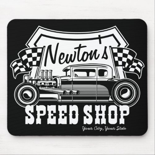 Personalized Racing Hot Rod Speed Shop Garage Mouse Pad