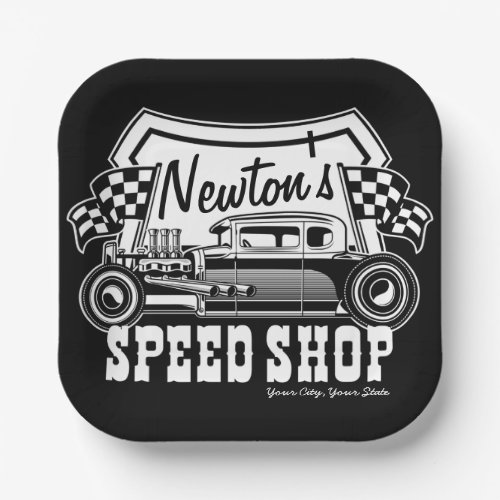 Personalized Racing Hot Rod Speed Shop Garage    Paper Plates