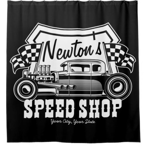 Personalized Racing Hot Rod Speed Shop Garage    Shower Curtain
