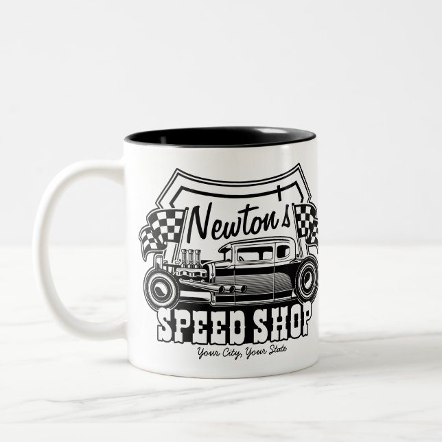 Personalized Racing Hot Rod Speed Shop Garage   Two-Tone Coffee Mug (Left)
