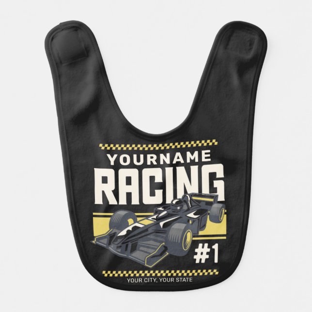 Personalized Racing Team Fast Race Car Driver  Baby Bib (Front)