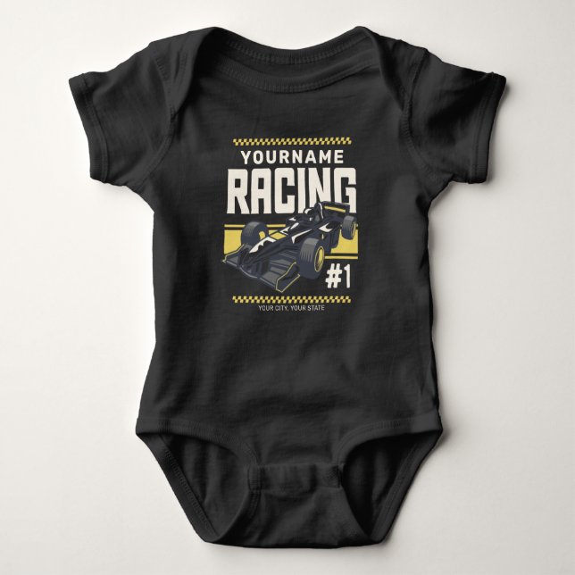 Personalized Racing Team Fast Race Car Driver Baby Bodysuit (Front)