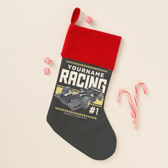 Personalized Racing Team Fast Race Car Driver  Christmas Stocking (Front)
