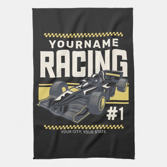 Personalized Racing Team Fast Race Car Driver Kitchen Towel (Vertical)
