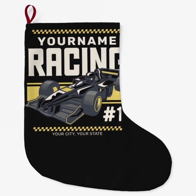 Personalized Racing Team Fast Race Car Driver Large Christmas Stocking (Front)