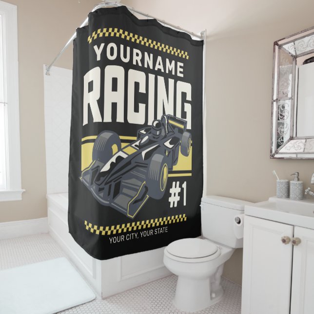 Personalized Racing Team Fast Race Car Driver  Shower Curtain (In Situ)