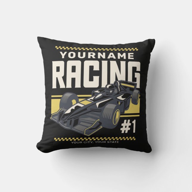 Personalized Racing Team Fast Race Car Driver Throw Pillow (Front)