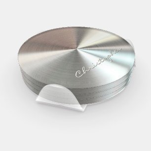 Personalized Radial Metallic Look - Chrome Coaster Set