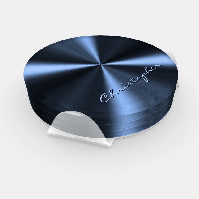 Personalized Radial Metallic Look - Dark Blue Coaster Set (Set)