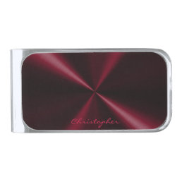 Personalized Radial Metallic Look - Dark Red Silver Finish Money Clip