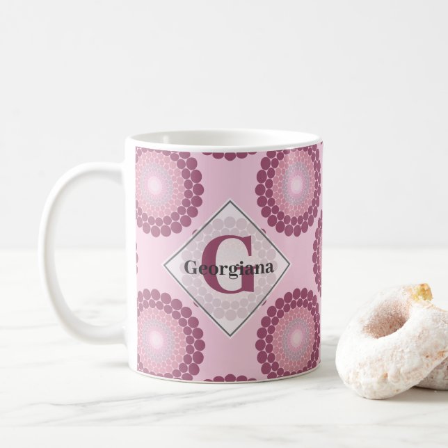 Personalized Radiant Dusky Rose Polka Dot Mandala Coffee Mug (With Donut)