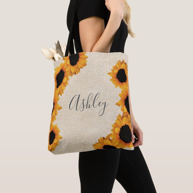 Personalized Radiant Sunflower Burlap Tote Bag (Close Up)