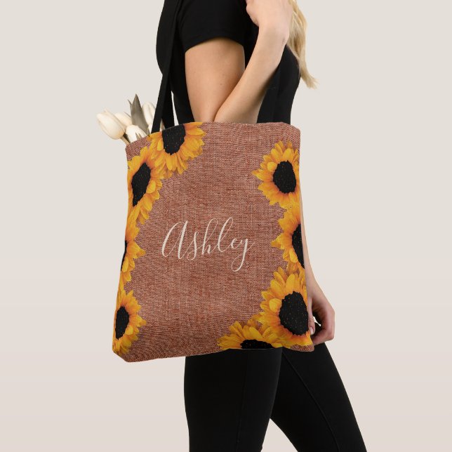 Personalized Radiant Sunflower Burlap Tote Bag (Close Up)
