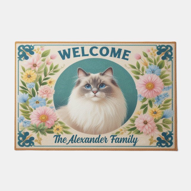 Personalized Ragdoll Cat Serenity Floral Welcome Doormat (Front)