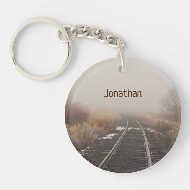 Personalized Railroad Tracks Foggy Landscape Keychain (Front)