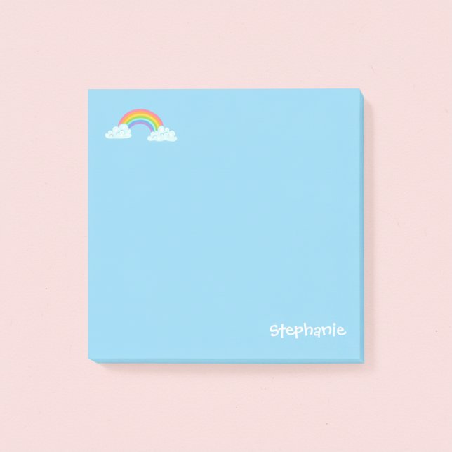 Personalized Rainbow and Name Post-it Notes (Cute blue personalized post-it notes with a name and rainbow.)