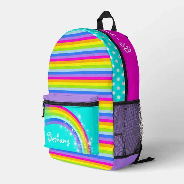 Personalized rainbow aqua purple kids school  printed backpack (Back Corner Right)