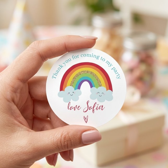 Personalized Rainbow Birthday Thank You Party  Classic Round Sticker (Creator Uploaded)