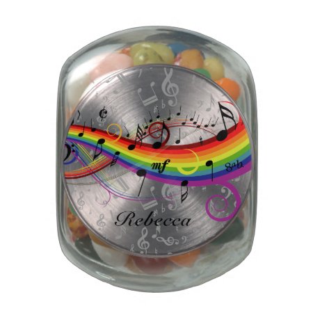 Personalized Rainbow Black Musical Notes On Gray Jelly Belly Candy Jar