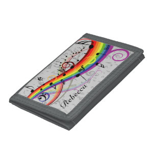 Personalized Rainbow Black Musical Notes on Gray Tri-fold Wallet