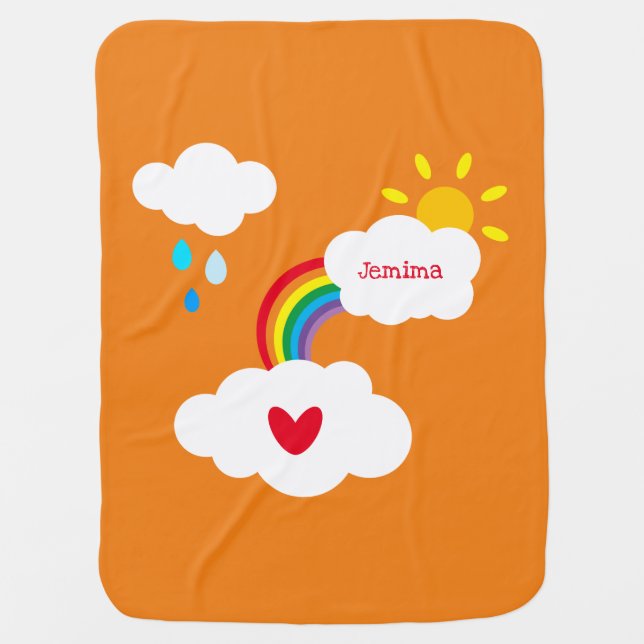 Personalized Rainbow, Clouds, Raindrops and Sun Baby Blanket (Front)