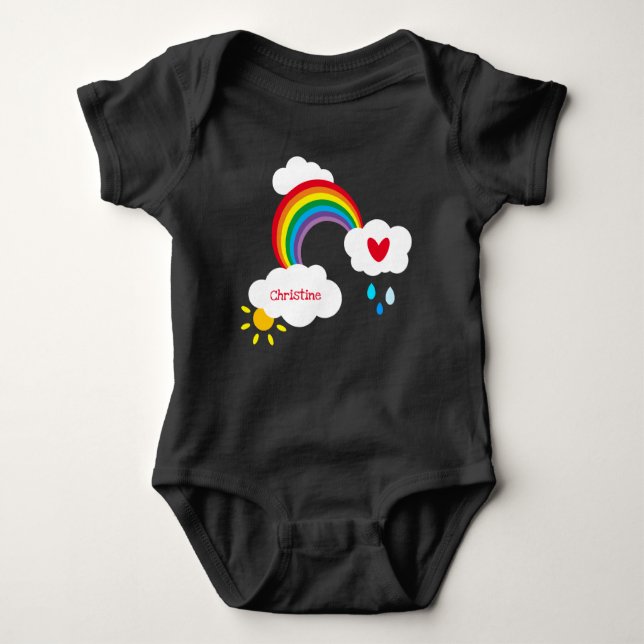 Personalized Rainbow, Clouds, Raindrops and Sun Baby Bodysuit (Front)