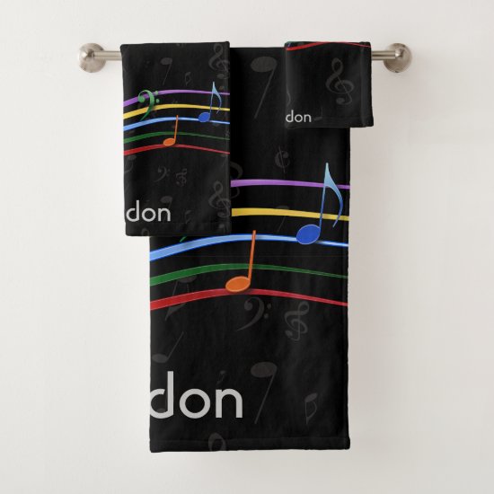 Personalized Rainbow Colored Music Notes Bath Towel Set