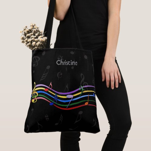 Personalized Rainbow Colored Music Notes Tote Bag
