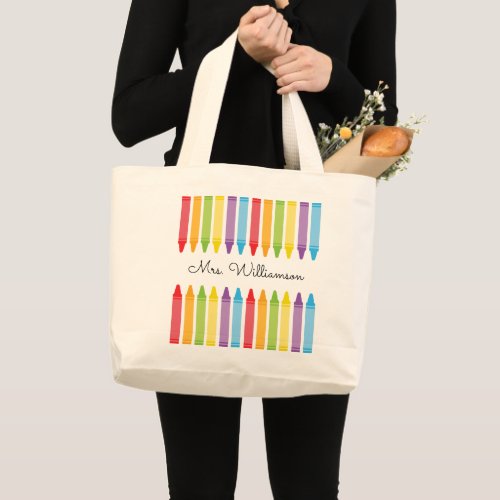 Personalized Rainbow Crayons Teacher Appreciation Large Tote Bag