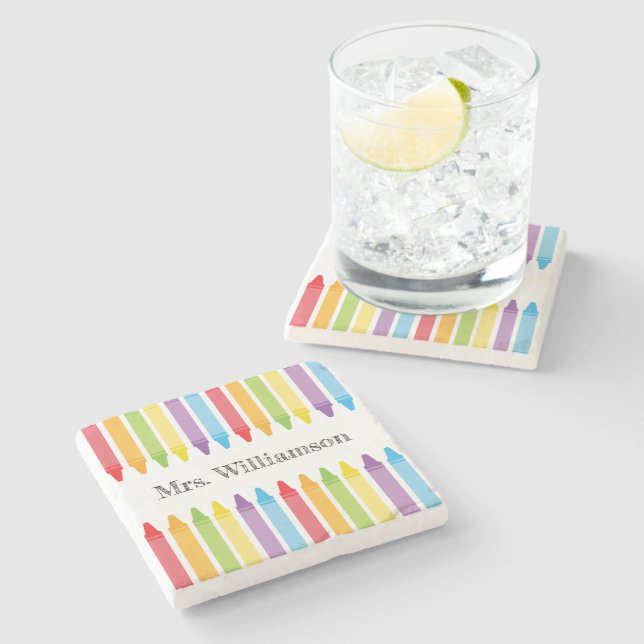 Personalized Rainbow Crayons Teacher Appreciation  Stone Coaster (Side)
