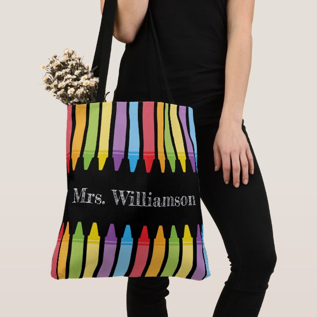 Personalized Rainbow Crayons Teacher Appreciation  Tote Bag (Close Up)